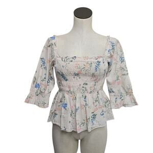 Saylor Clover Smocked Floral Gauze Blouse Square Neckline Size Medium Top